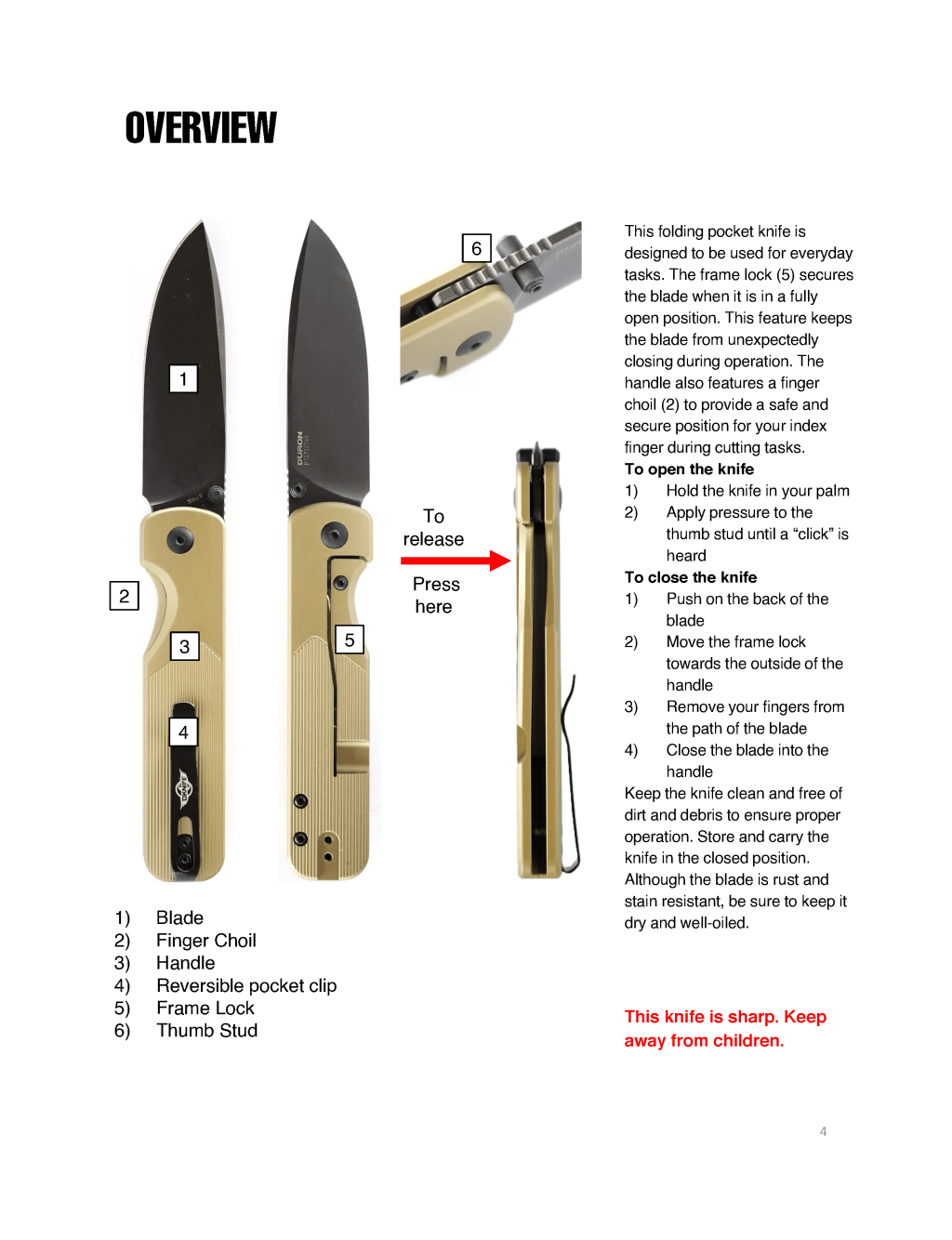 Sample page from mock knife user manual