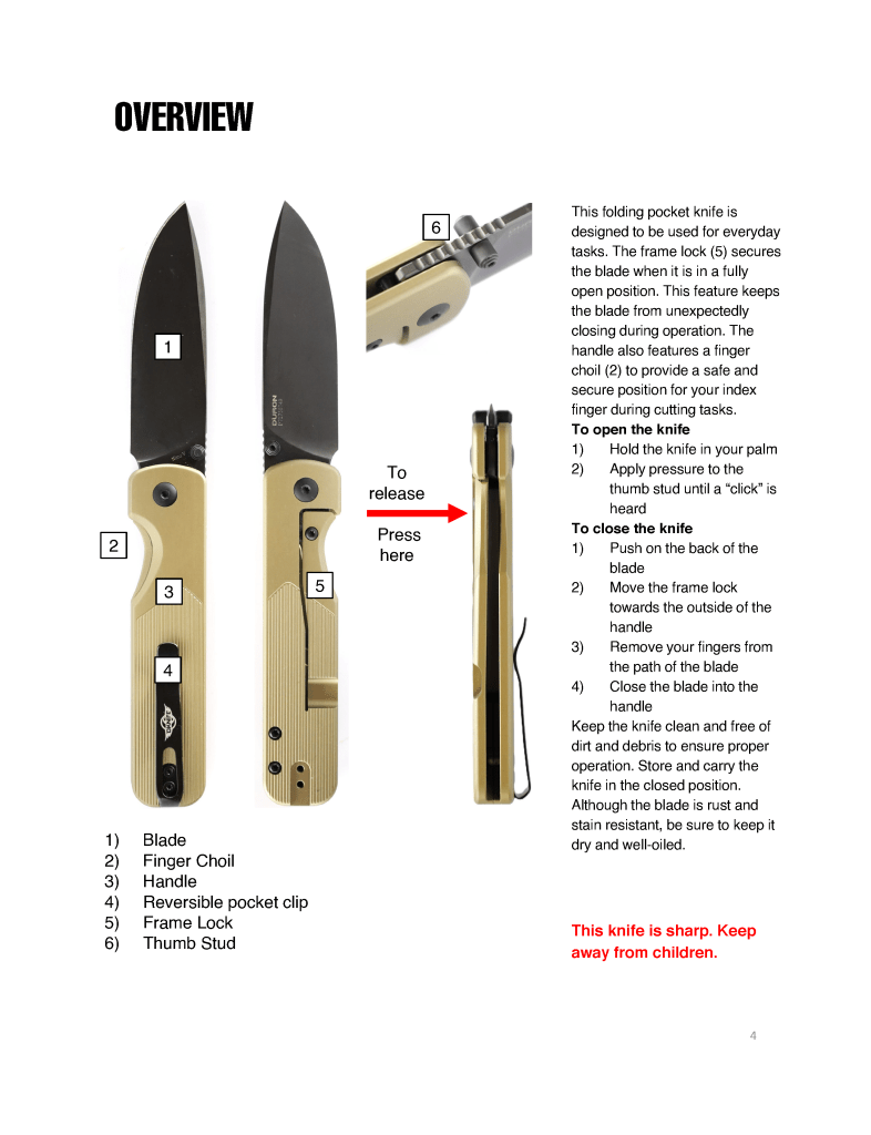 Sample page from Oknife Duron user manual showing parts diagram and assembly instructions