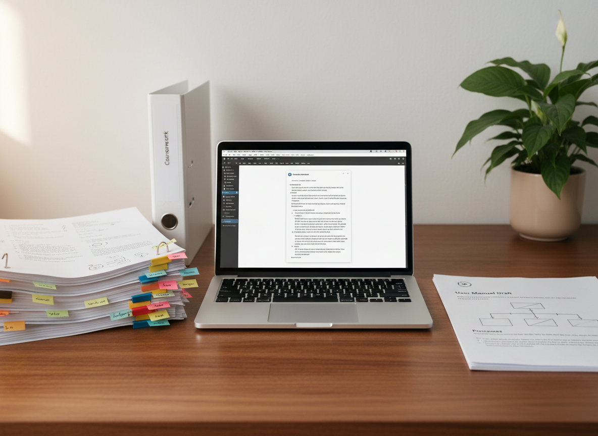 A sleek wooden desk with a slim silver laptop open to a clean, text-focused document interface, surrounded by neatly stacked printed pages marked with color-coded sticky tabs and fine pencil annotations. A simple three-ring binder labeled subtly with generic “Coursework” lies beside a minimalist printed user manual draft and a separate process description featuring a crisp, non-branded flowchart diagram. The scene is set in a bright, modern home office with a matte white wall and a single leafy plant in the blurred background. Soft morning daylight from an unseen side window casts gentle, natural highlights on the paper textures and laptop keys. Photographic realism, eye-level composition with shallow depth of field, clean and professional mood conveying organized, careful technical writing work without referencing any real clients.